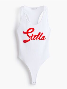 Stella McCartney White Ribbed Logo Tank Bodysuit with Red Script